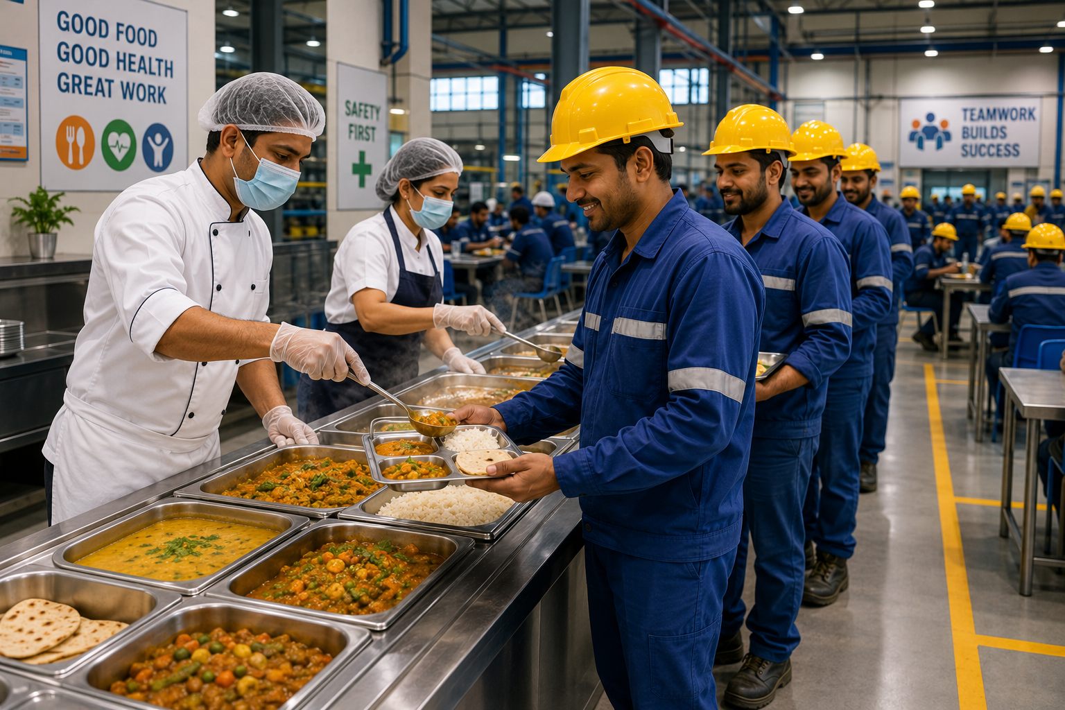 Chef serving factory workers